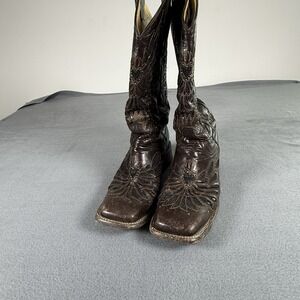 Cavender's Women's Chocolate Leather Black‎ Crystal Inlay Square Toe 9 B Boots